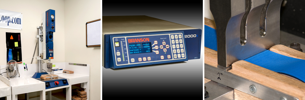 An ultrasonic welder compressing onto hook and loop.